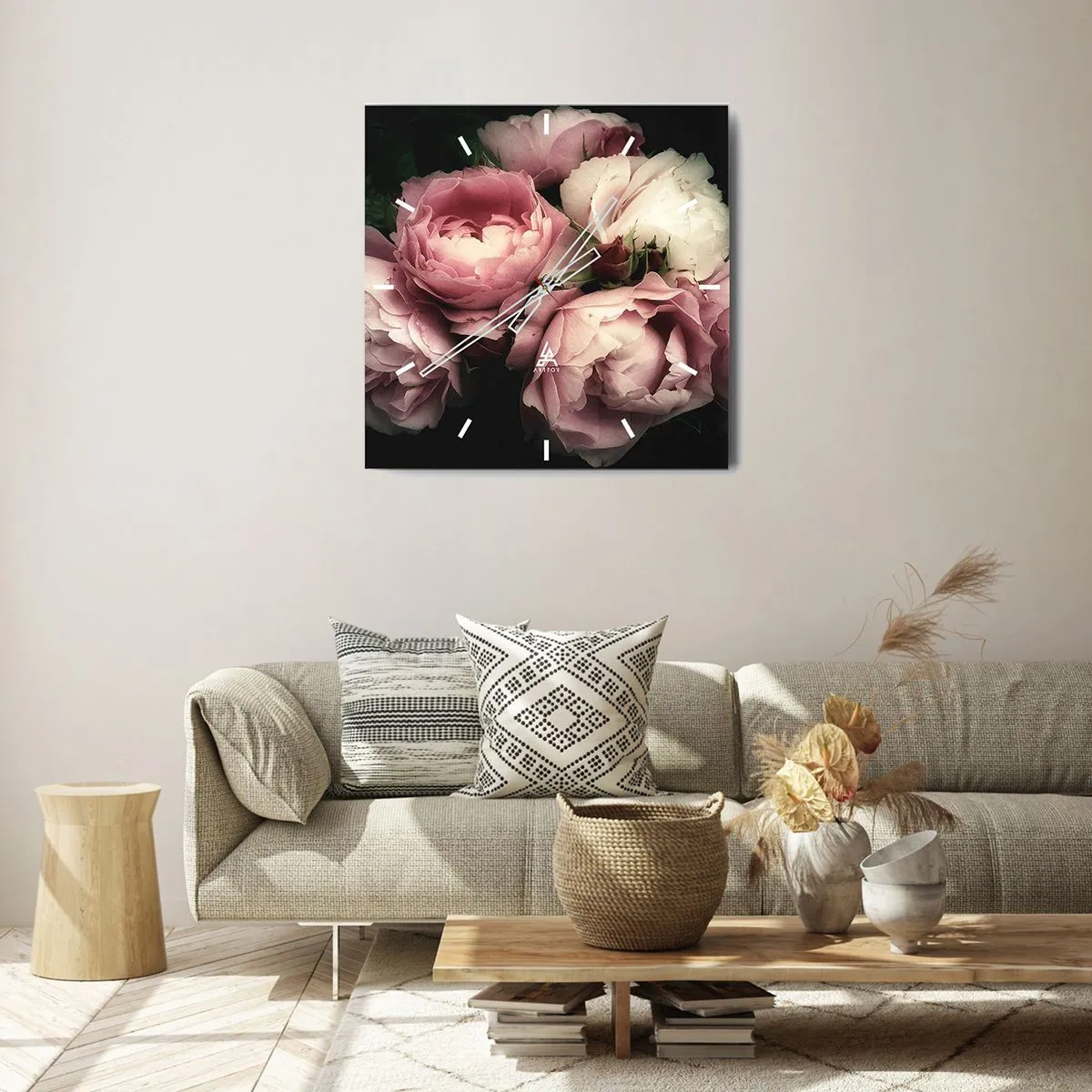 Reloj de pared - Reloj de vidrio - Un ramo de rosas en delicados tonos rosa y blanco. - 30x30cm - El encanto de la belle époque - Decoración de pared moderna para salón y dormitorio ARTTOR