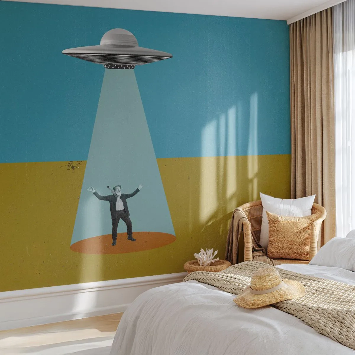 Fotomural Premium Sand - Gráfico de un OVNI que transporta a un hombre en la luz en el páramo. - 100x70cm - Un encuentro cercano - Decoración de pared moderna para salón y dormitorio ARTTOR