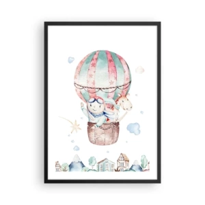 Póster en marco negro - Una linda ilustración de un oso de peluche volando en un globo sobre una ciudad. - 50x70cm - Volveremos pronto - Decoración de pared moderna para salón y dormitorio ARTTOR