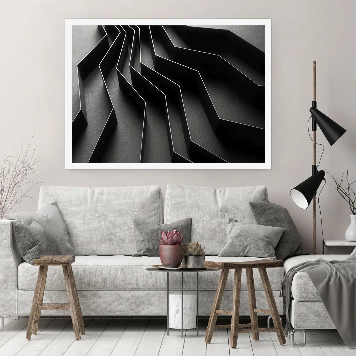 Póster - Abstracción en blanco y negro con estructuras geométricas. - 100x70cm - Orden espacial - Decoración de pared moderna para salón y dormitorio ARTTOR