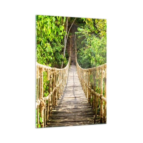 Cuadro sobre vidrio - Impresiones sobre Vidrio - Un puente de cuerda de madera rodeado de exuberante vegetación. - 50x70cm - Suspendido en verde - Decoración de pared moderna para salón y dormitorio ARTTOR