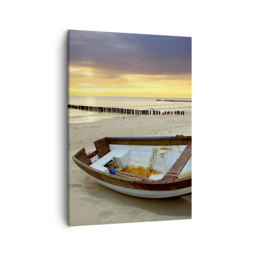 Cuadro sobre lienzo - Impresión de Imagen - Un barco en una playa de arena al atardecer. - 50x70cm - No hay playas más bonitas - Decoración de pared moderna para salón y dormitorio ARTTOR
