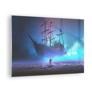 Cuadro sobre vidrio - Impresiones sobre Vidrio - Un barco nocturno flotando sobre el agua en un aura mágica. - 70x50cm - El encuentro con el mito del mar - Decoración de pared moderna para salón y dormitorio ARTTOR