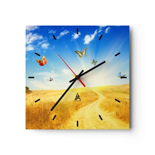 Reloj de pared - Reloj de vidrio - Un campo dorado, un camino y mariposas contra un cielo azul. - 30x30cm - ¿Cómo no amar el verano? - Decoración de pared moderna para salón y dormitorio ARTTOR