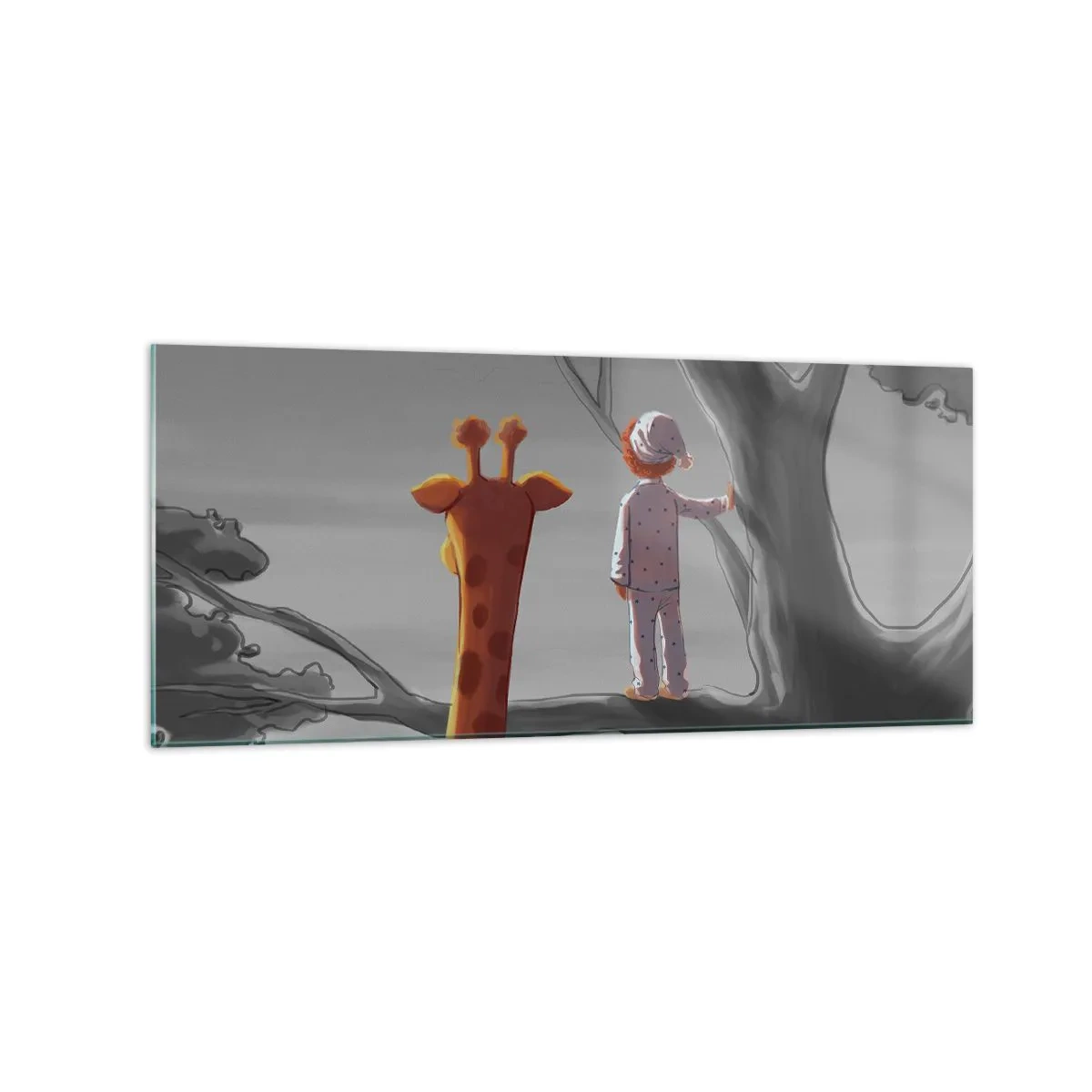 Cuadro sobre vidrio - Impresiones sobre Vidrio - Un niño y una jirafa en la rama de un árbol en un paisaje de cuento de hadas. - 120x50cm - ¿Está sucediendo de verdad? - Decoración de pared moderna para salón y dormitorio ARTTOR
