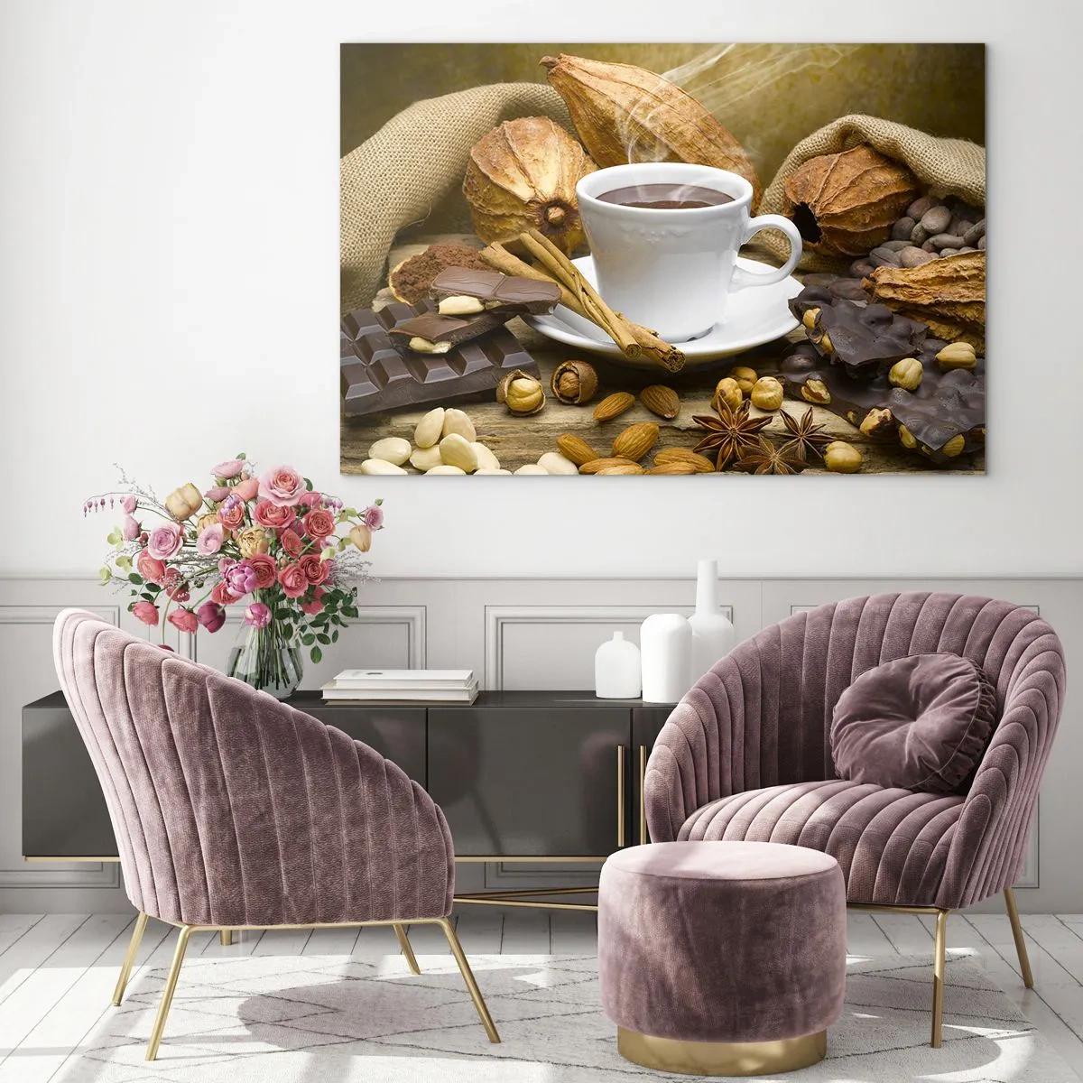 Cuadro sobre vidrio - Impresiones sobre Vidrio - Una taza de chocolate caliente rodeada de chocolate y especias. - 70x50cm - Para los que buscan emociones - Decoración de pared moderna para salón y dormitorio ARTTOR