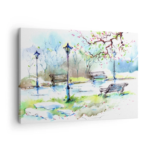 Cuadro sobre lienzo - Impresión de Imagen - Escena de parque de acuarela con bancos y lámparas. - 70x50cm - El encanto del silencio del parque - Decoración de pared moderna para salón y dormitorio ARTTOR