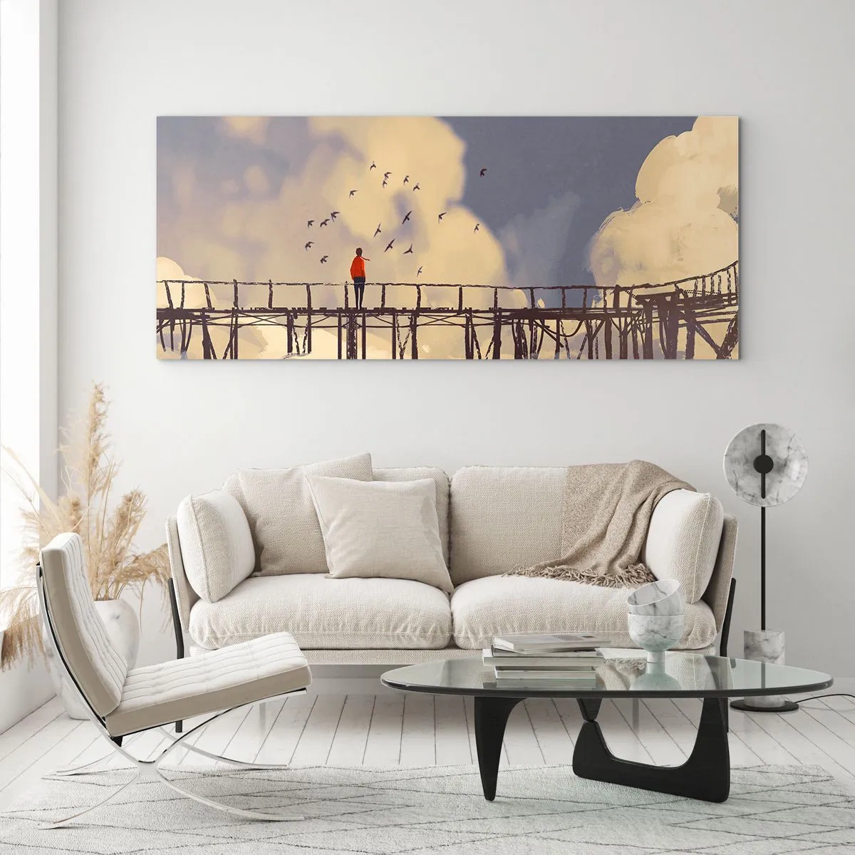 Cuadro sobre vidrio - Impresiones sobre Vidrio - Una figura en un puente entre nubes con pájaros en el cielo. - 120x50cm - Anhelo azul - Decoración de pared moderna para salón y dormitorio ARTTOR