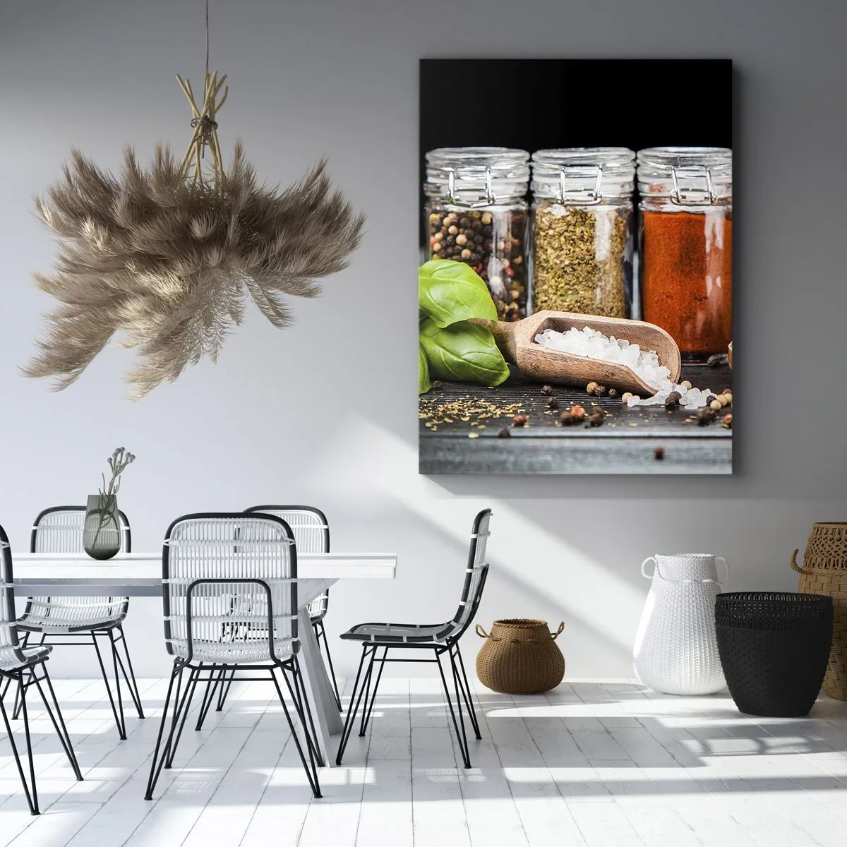 Cuadro sobre lienzo - Impresión de Imagen - Hierbas y especias en frascos de vidrio sobre un fondo oscuro. - 70x100cm - Para que la vida sepa bien - Decoración de pared moderna para salón y dormitorio ARTTOR