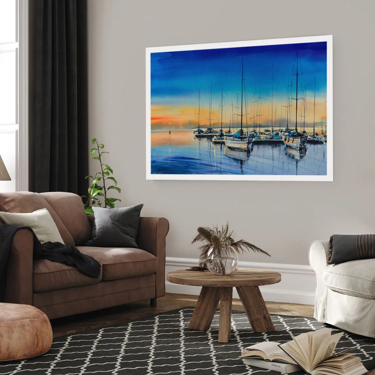 Póster - Puerto de yates al atardecer con reflejos en el agua - 100x70cm - El final de un buen día - Decoración de pared moderna para salón y dormitorio ARTTOR