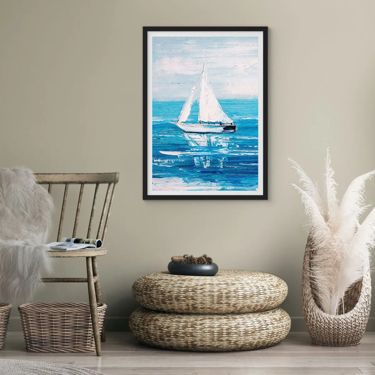 Póster en marco negro - Un yate en el mar en tonos azules. - 50x70cm - Con un amigo a tu lado - Decoración de pared moderna para salón y dormitorio ARTTOR