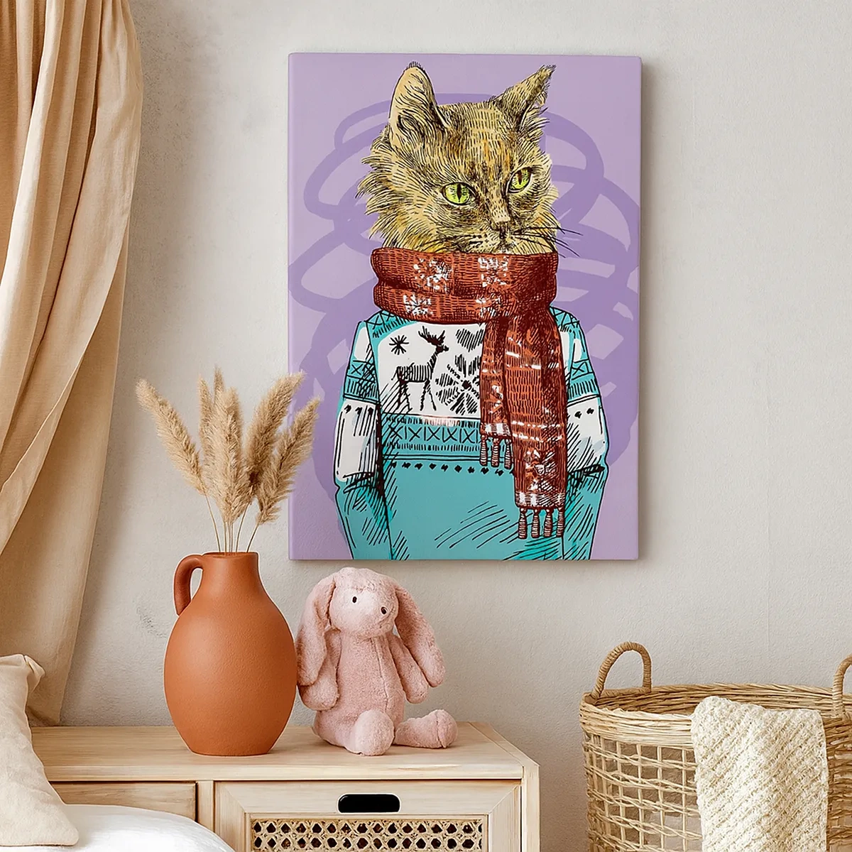Cuadro sobre lienzo - Impresión de Imagen - Un gato con un suéter y una bufanda sobre un fondo morado. - 50x70cm - El gato no solo tenía botas - Decoración de pared moderna para salón y dormitorio ARTTOR