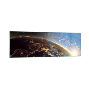 Cuadro sobre vidrio - Impresiones sobre Vidrio - Vista de la Tierra desde el espacio al amanecer - 160x50cm - Mirémonos a nosotros mismos desde la distancia - Decoración de pared moderna para salón y dormitorio ARTTOR