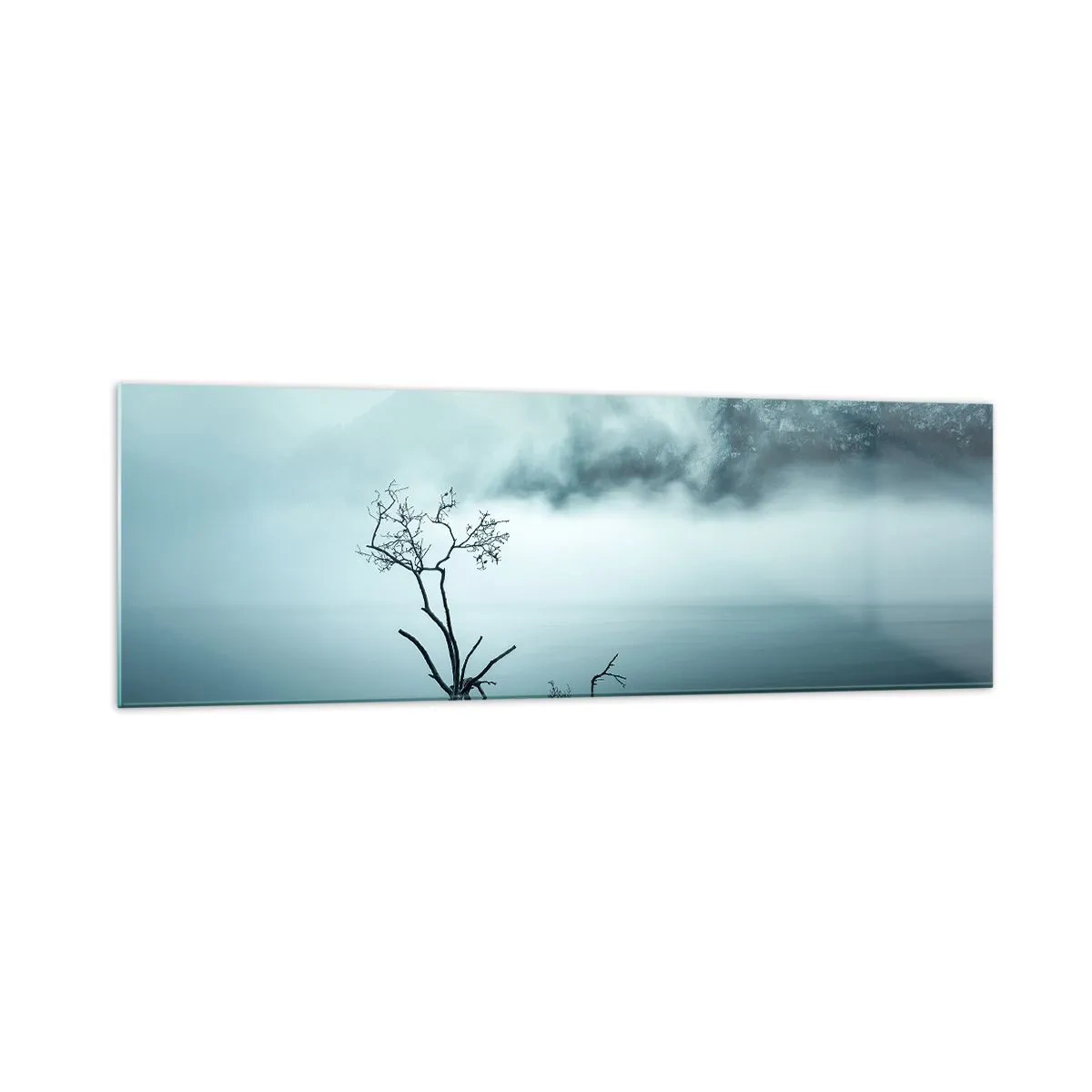 Cuadro sobre vidrio - Impresiones sobre Vidrio - Un árbol solitario en el agua rodeado de niebla y montañas. - 160x50cm - Fuera del agua y de la niebla - Decoración de pared moderna para salón y dormitorio ARTTOR