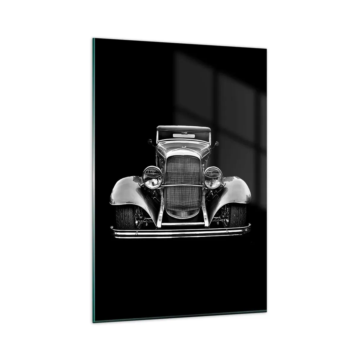 Cuadro sobre vidrio - Impresiones sobre Vidrio - Un coche clásico en blanco y negro. - 80x120cm - Un verdadero caballero - Decoración de pared moderna para salón y dormitorio ARTTOR