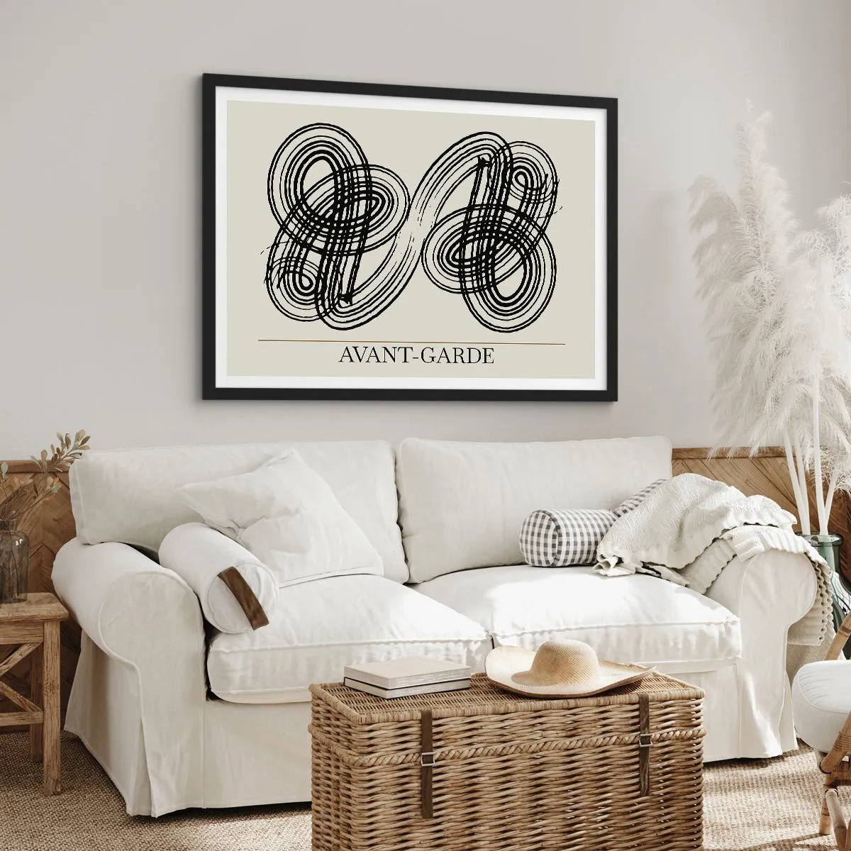 Póster en marco negro - Líneas negras abstractas sobre fondo claro en estilo vanguardista. - 100x70cm - Salió espontáneamente - Decoración de pared moderna para salón y dormitorio ARTTOR