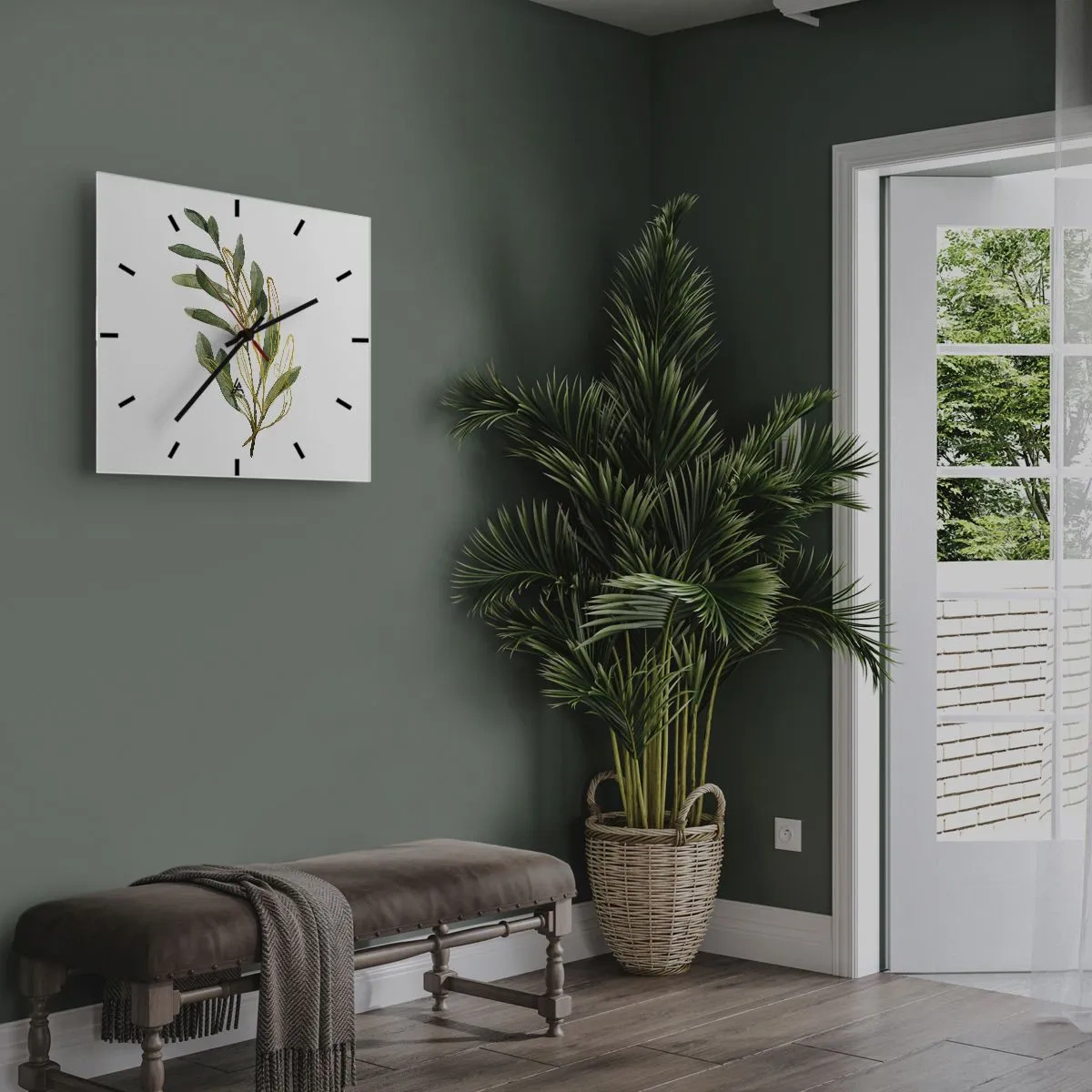 Reloj de pared - Reloj de vidrio - Rama verde con hojas sobre fondo blanco. - 30x30cm - La vida se abre camino - Decoración de pared moderna para salón y dormitorio ARTTOR