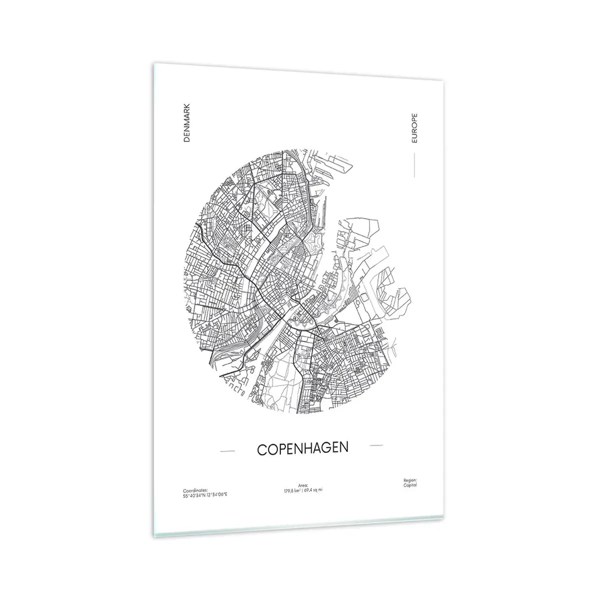 Cuadro sobre vidrio - Impresiones sobre Vidrio - Un mapa de Copenhague en un estilo minimalista en blanco y negro. - 80x120cm - Anatomía de Copenhague - Decoración de pared moderna para salón y dormitorio ARTTOR