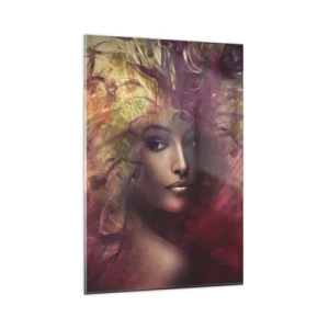 Cuadro sobre vidrio - Impresiones sobre Vidrio - Una mujer en colores abstractos creando un fondo dinámico. - 80x120cm - ¡Aquí estoy! - Decoración de pared moderna para salón y dormitorio ARTTOR