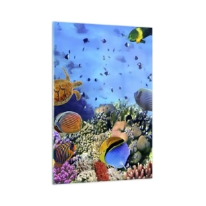 Cuadro sobre vidrio - Impresiones sobre Vidrio - Arrecife de coral con peces de colores y una tortuga marina. - 80x120cm - Y qué sabemos de la vida... - Decoración de pared moderna para salón y dormitorio ARTTOR