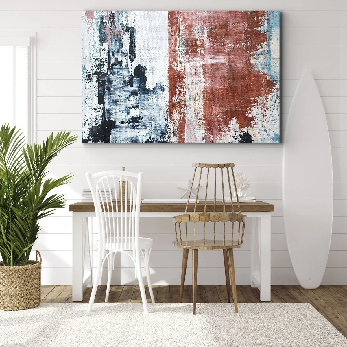Cuadro sobre lienzo - Impresión de Imagen - Abstracción en colores blanco, azul y ladrillo. - 70x50cm - Mitad abstracción, mitad abstracción - Decoración de pared moderna para salón y dormitorio ARTTOR