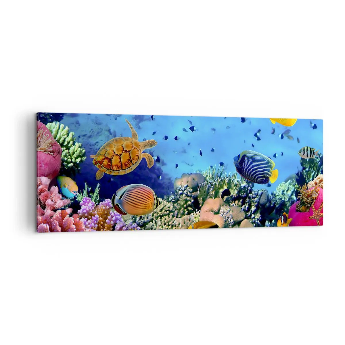 Cuadro sobre lienzo - Impresión de Imagen - Arrecife de coral con peces de colores y una tortuga marina. - 140x50cm - Y qué sabemos de la vida... - Decoración de pared moderna para salón y dormitorio ARTTOR