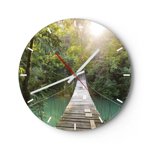 Reloj de pared - Reloj de vidrio - Puente colgante de madera en la selva tropical al amanecer - 30x30cm - Sobre el agua azul hacia el bosque - Decoración de pared moderna para salón, cocina y dormitorio ARTTOR