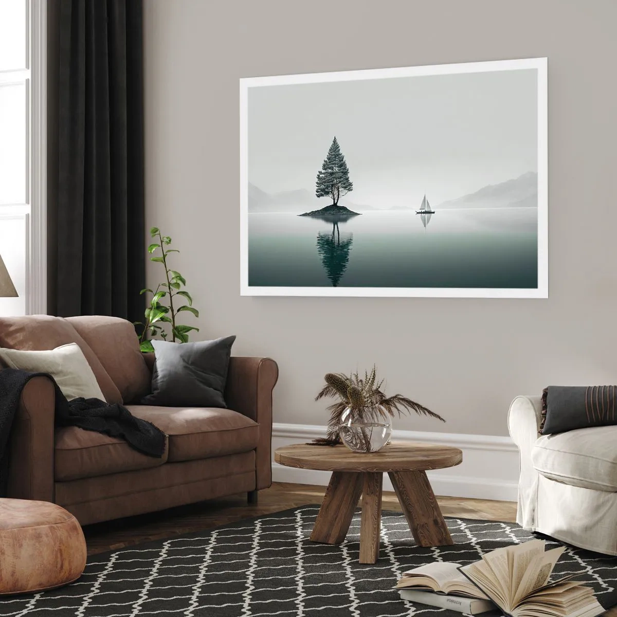 Póster - Un paisaje minimalista con un árbol en una isla y un velero. - 100x70cm - Un sueño hecho realidad - Decoración de pared moderna para salón y dormitorio ARTTOR