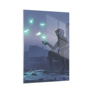 Cuadro sobre vidrio - Impresiones sobre Vidrio - Una figura en la oscuridad rodeada de pájaros verdes flotantes. - 50x70cm - La vida volverá - Decoración de pared moderna para salón y dormitorio ARTTOR