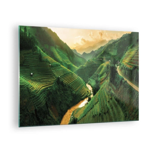 Cuadro sobre vidrio - Impresiones sobre Vidrio - Pintorescas terrazas de arroz en el valle al atardecer - 70x50cm - Valle vietnamita - Decoración de pared moderna para salón y dormitorio ARTTOR