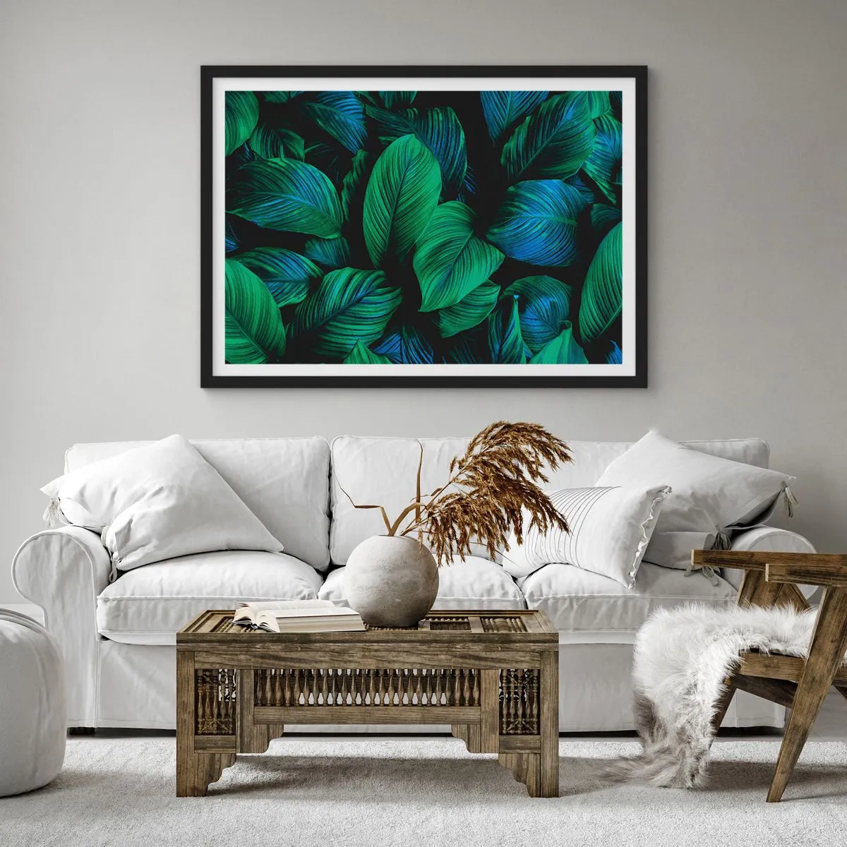 Póster en marco negro - Hojas verdes en estilo minimalista. - 70x50cm - En la multitud verde - Decoración de pared moderna para salón y dormitorio ARTTOR