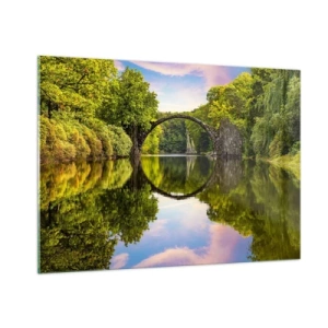 Cuadro sobre vidrio - Impresiones sobre Vidrio - Un puente de piedra reflejado en la tranquila superficie del lago. - 100x70cm - En el punto de encuentro de dos mundos - Decoración de pared moderna para salón y dormitorio ARTTOR
