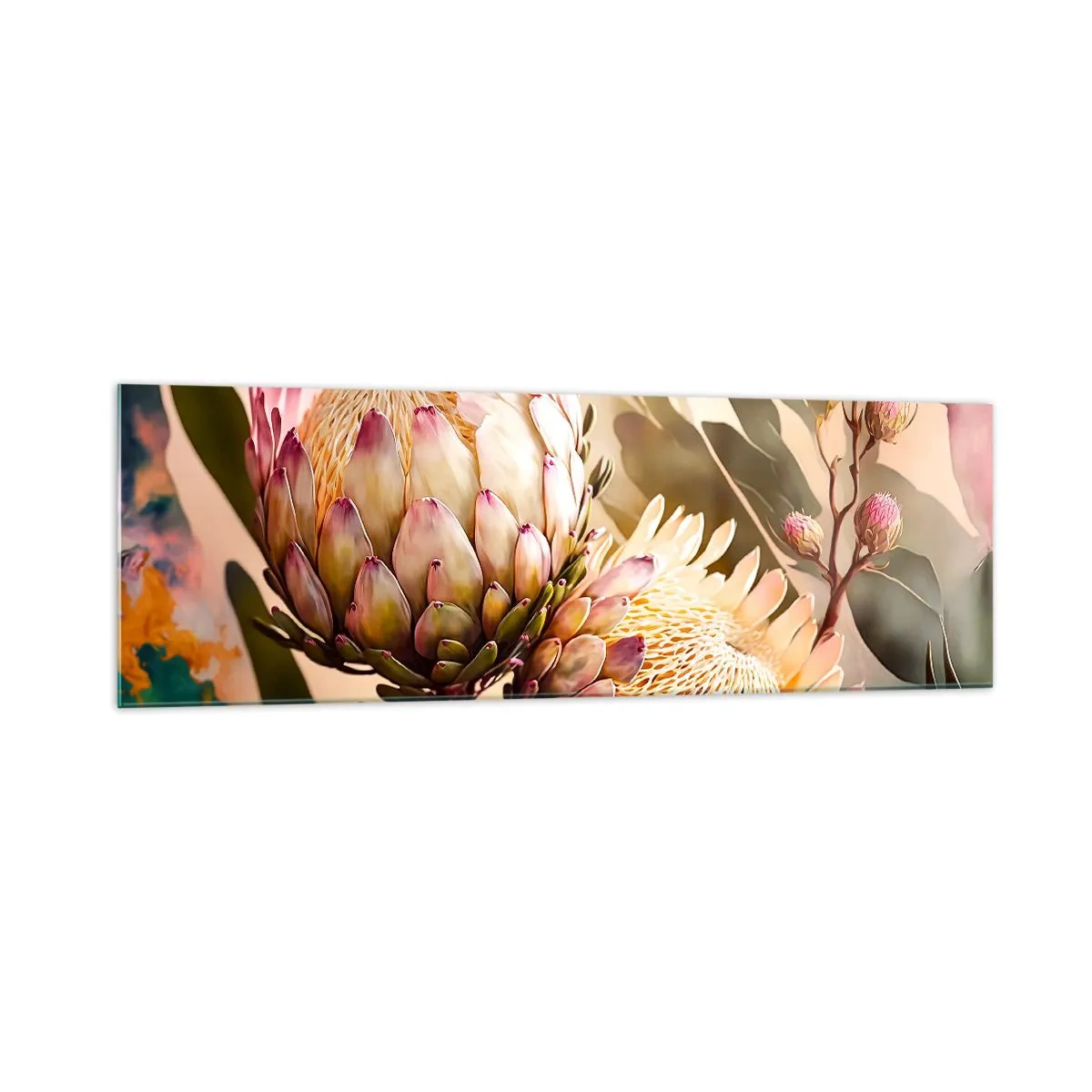 Cuadro sobre vidrio - Impresiones sobre Vidrio - Flores de protea coloridas sobre un fondo delicado. - 160x50cm - Abrazados con ternura - Decoración de pared moderna para salón y dormitorio ARTTOR
