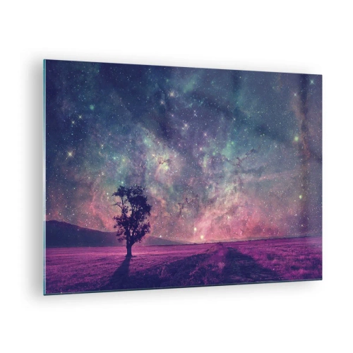 Cuadro sobre vidrio - Impresiones sobre Vidrio - Un árbol con el cielo estrellado y una galaxia como telón de fondo. - 70x50cm - Bajo un cielo mágico - Decoración de pared moderna para salón y dormitorio ARTTOR