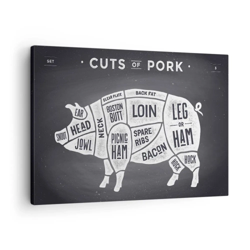 Cuadro sobre lienzo - Impresión de Imagen - Diagrama de cortes de carne de cerdo sobre fondo negro - 70x50cm - Manual del carnicero - Decoración de pared moderna para salón y dormitorio ARTTOR