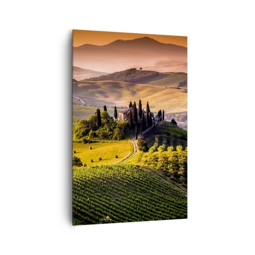 Cuadro sobre lienzo - Impresión de Imagen - Paisaje toscano con viñedos y una casa en una colina. - 80x120cm - Paisaje toscano - Decoración de pared moderna para salón y dormitorio ARTTOR