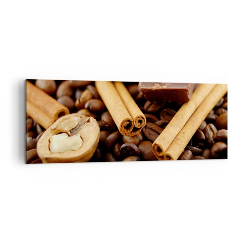 Cuadro sobre lienzo - Impresión de Imagen - Granos de café con ramas de canela, chocolate y nueces. - 140x50cm - Concierto de aromas - Decoración de pared moderna para salón y dormitorio ARTTOR