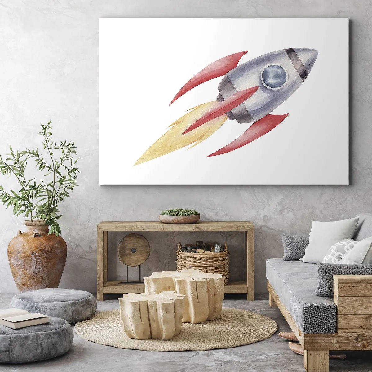 Cuadro sobre lienzo - Impresión de Imagen - Cohete en estilo acuarela sobre fondo blanco. - 70x50cm - Más alto, más rápido, más lejos - Decoración de pared moderna para salón y dormitorio ARTTOR