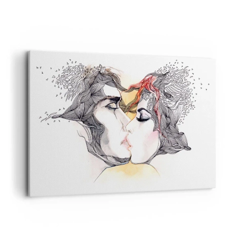 Cuadro sobre lienzo - Impresión de Imagen - Retrato artístico de una pareja con motivos abstractos en el cabello. - 120x80cm - El mundo no importa - Decoración de pared moderna para salón y dormitorio ARTTOR