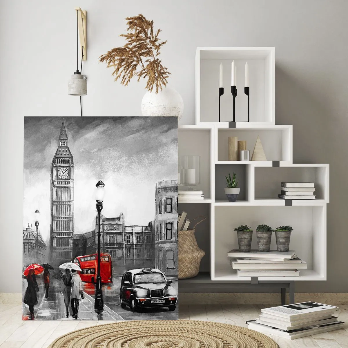Cuadro sobre vidrio - Impresiones sobre Vidrio - El Big Ben y las calles de Londres con acentos rojos sobre un fondo gris - 50x70cm - No tan gris como la pintan - Decoración de pared moderna para salón y dormitorio ARTTOR