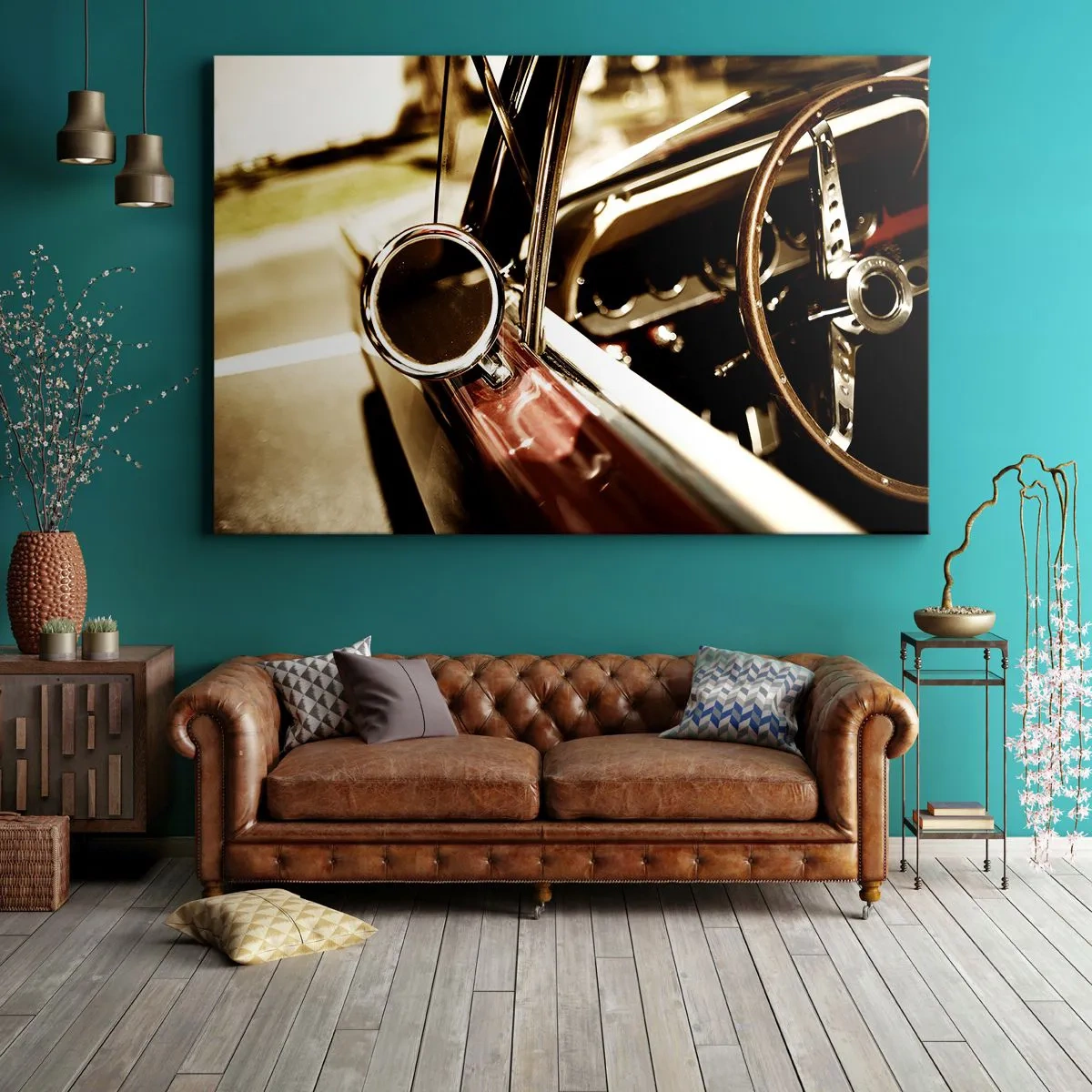 Cuadro sobre lienzo - Impresión de Imagen - Primer plano del espejo y el interior de un coche retro clásico. - 70x50cm - Un coche con alma - Decoración de pared moderna para salón y dormitorio ARTTOR