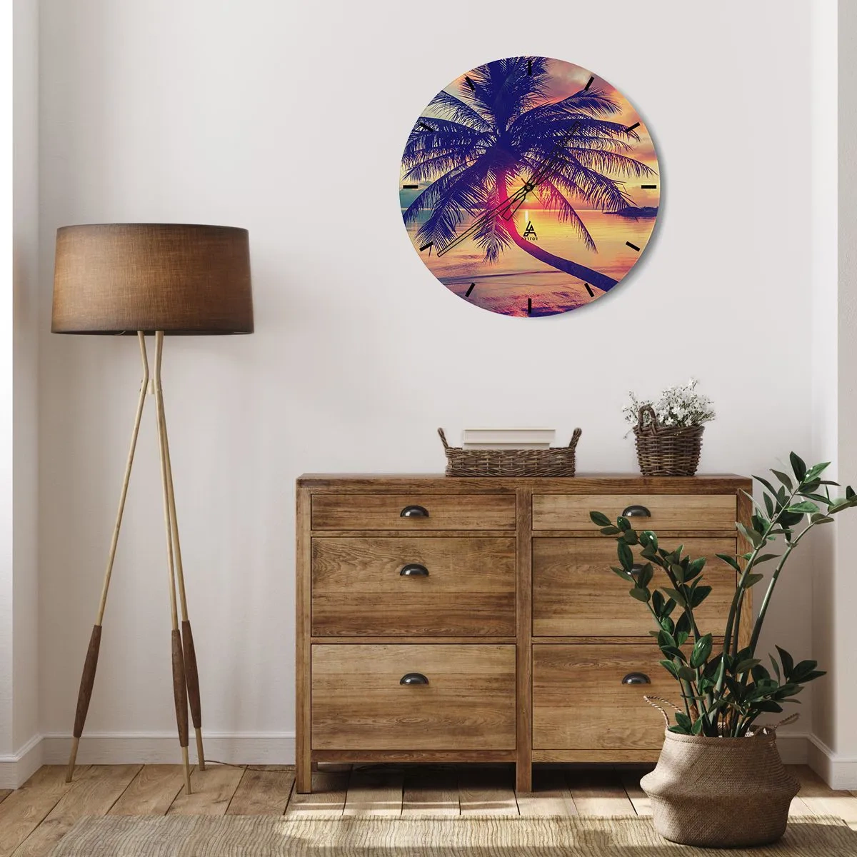 Reloj de pared - Reloj de vidrio - Atardecer bajo las palmeras - 40x40 cm