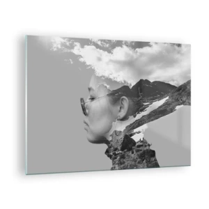Cuadro sobre vidrio - Impresiones sobre Vidrio - Un retrato creativo de doble exposición con un paisaje de montaña y nubes. - 70x50cm - Retrato sobre montañas y nubes - Decoración de pared moderna para salón y dormitorio ARTTOR