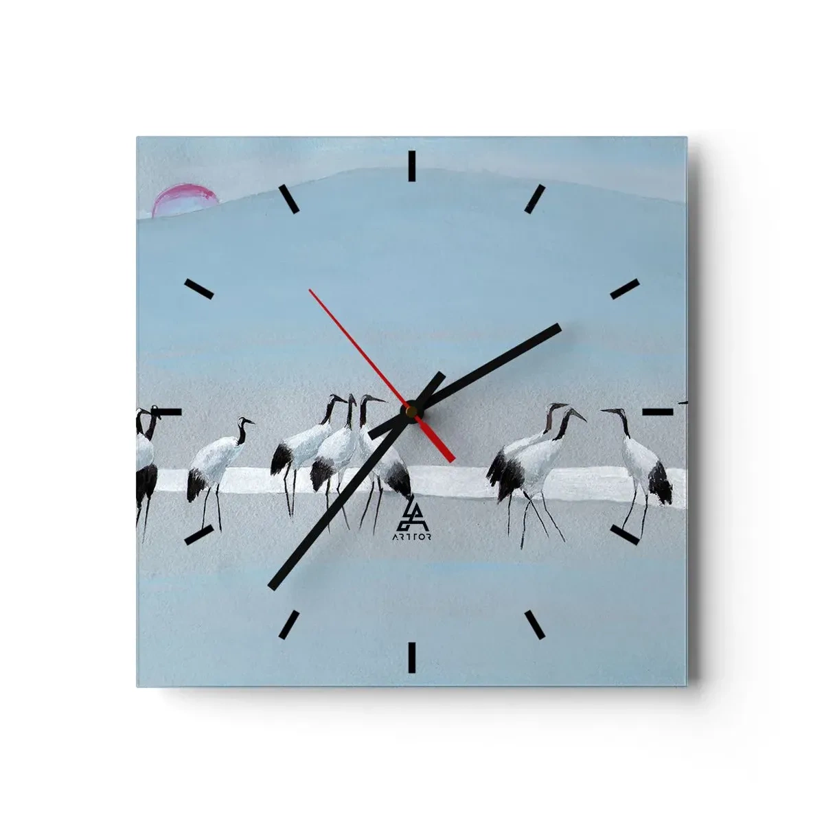 Reloj de pared - Reloj de vidrio - Un grupo de grullas contra un cielo azul y el sol naciente. - 30x30cm - Después de un día caluroso - Decoración de pared moderna para salón y dormitorio ARTTOR