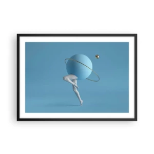 Póster en marco negro - Una esfera azul con una órbita y piernas humanas contra el cielo. - 70x50cm - Y los planetas se vuelven locos - Decoración de pared moderna para salón y dormitorio ARTTOR