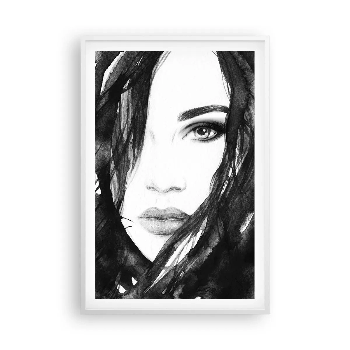 Póster en marco blanco - Retrato de una dama en blanco y negro - 61x91 cm
