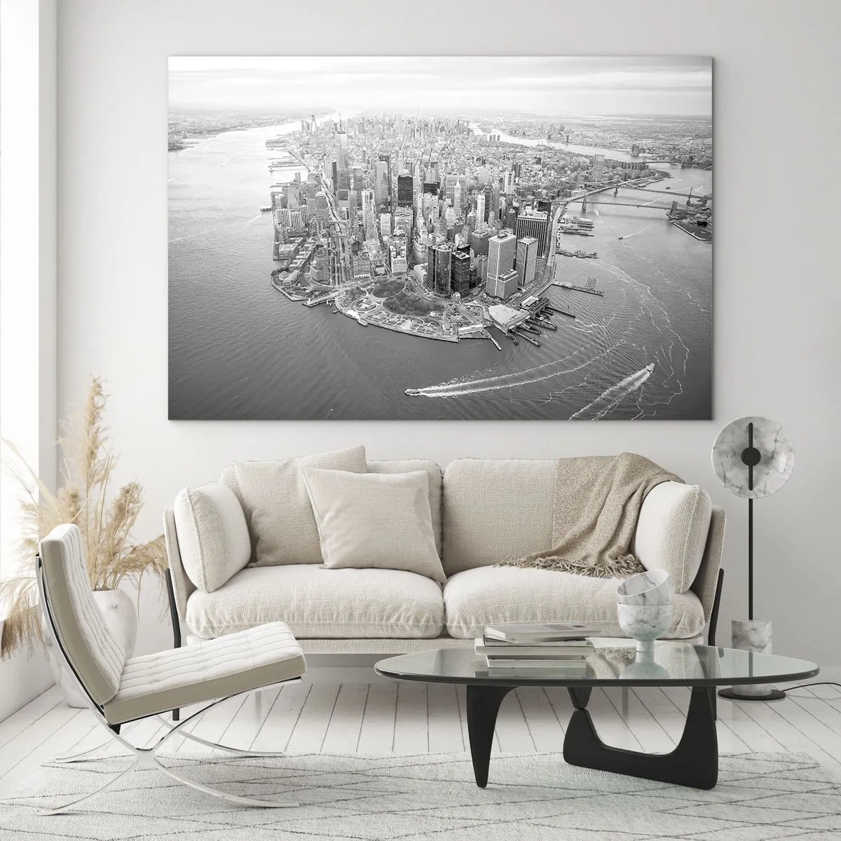 Cuadro sobre vidrio - Impresiones sobre Vidrio - Una vista aérea de la ciudad en blanco y negro - 70x50cm - ¿Cómo no amar este lugar? - Decoración de pared moderna para salón y dormitorio ARTTOR