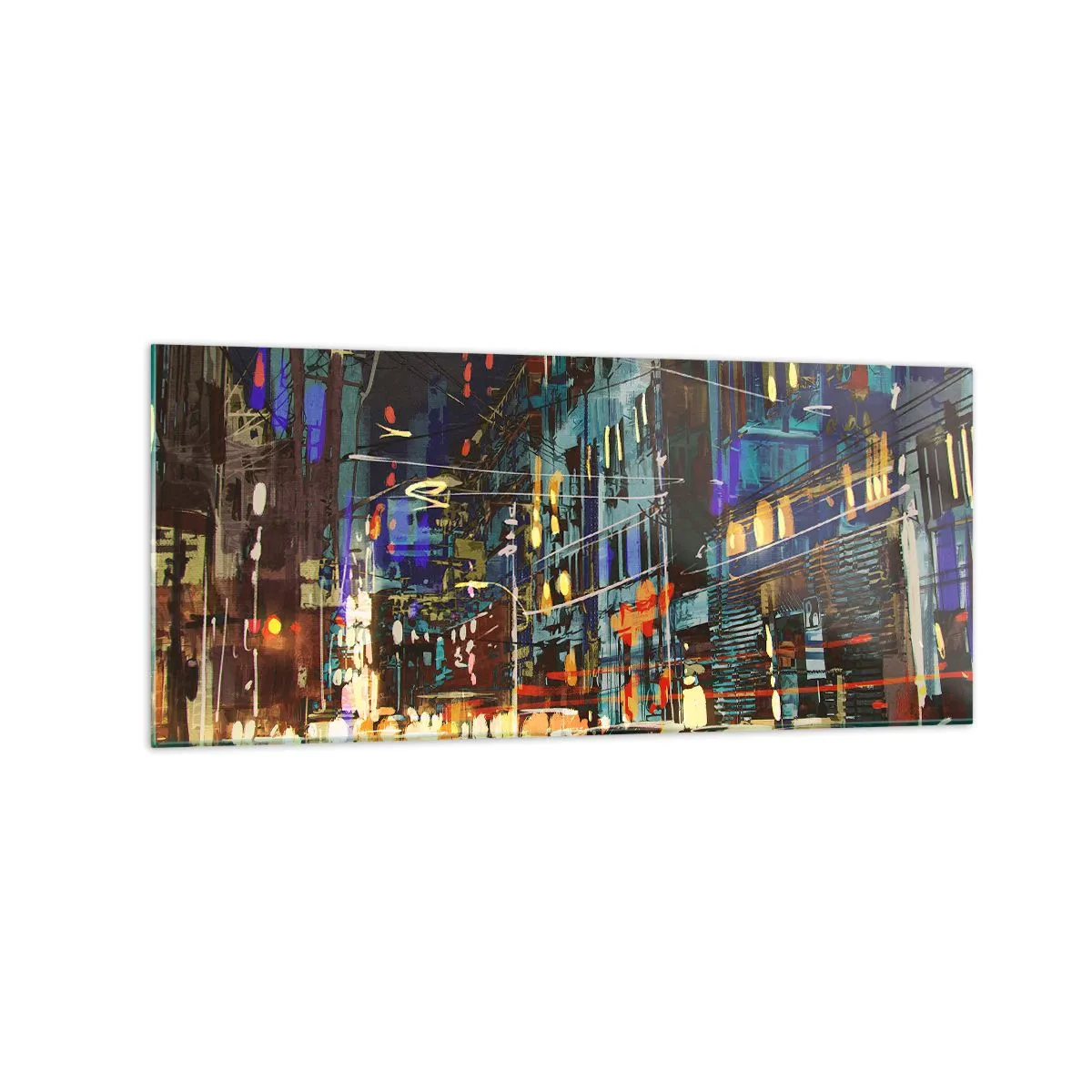 Cuadro sobre vidrio - Impresiones sobre Vidrio - Escena nocturna de la ciudad con luces de neón - 120x50cm - El bullicio nocturno de la calle - Decoración de pared moderna para salón y dormitorio ARTTOR