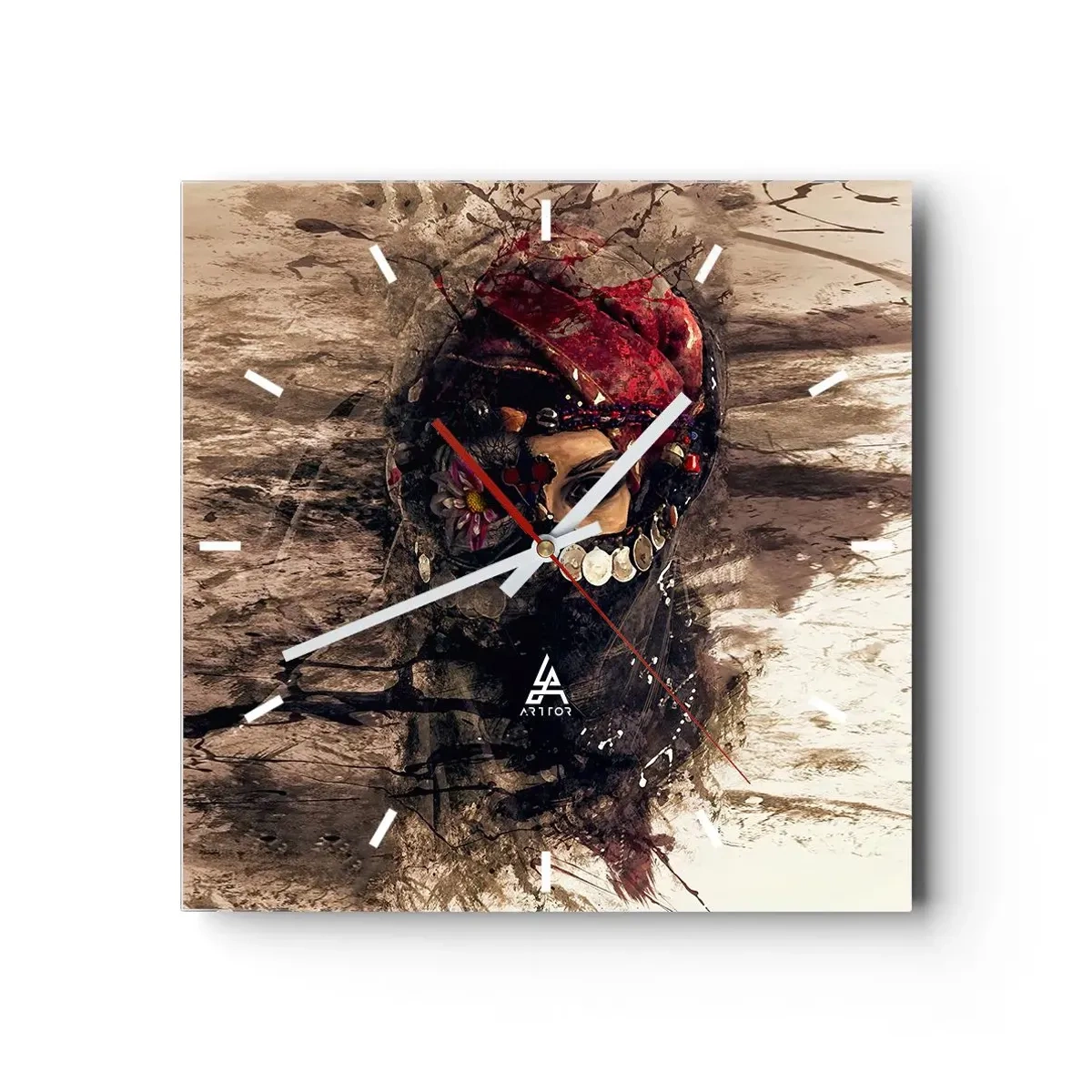Reloj de pared - Reloj de vidrio - Retrato artístico de una mujer con atuendo oriental sobre un fondo abstracto. - 30x30cm - Inquietante, como mínimo - Decoración de pared moderna para salón y dormitorio ARTTOR