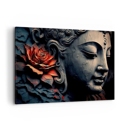 Cuadro sobre lienzo - Impresión de Imagen - Escultura de Buda con una flor de loto roja. - 100x70cm - En sintonía con el mundo - Decoración de pared moderna para salón y dormitorio ARTTOR